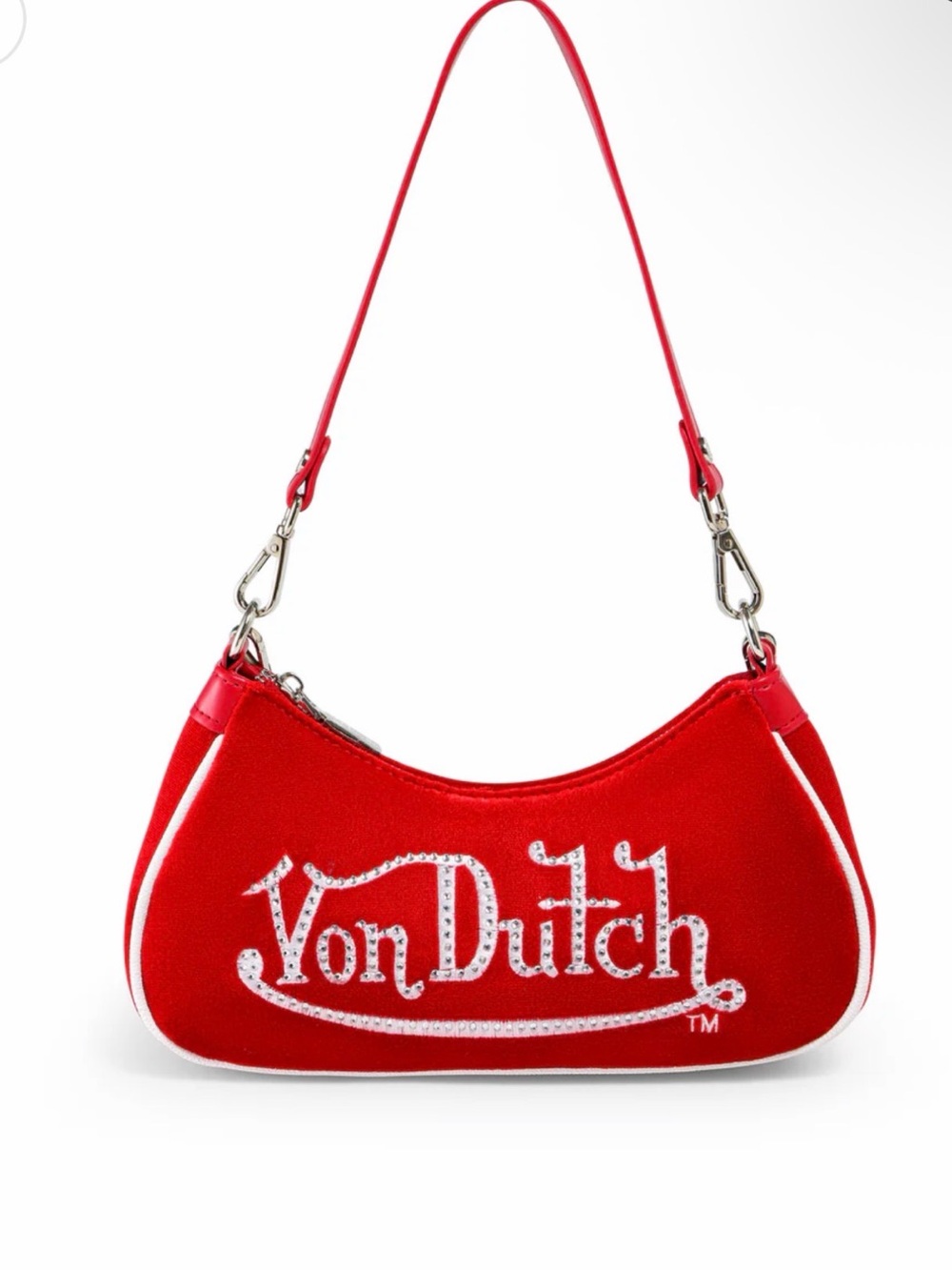 New! Von Dutch Red Shoulder Bag with White Logo Trim- Rhinestones!